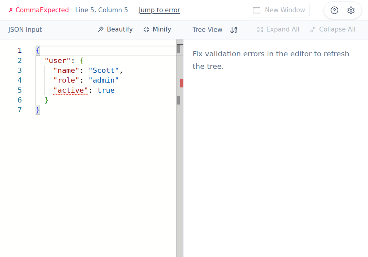 Validation error state with line/column feedback and Jump to error